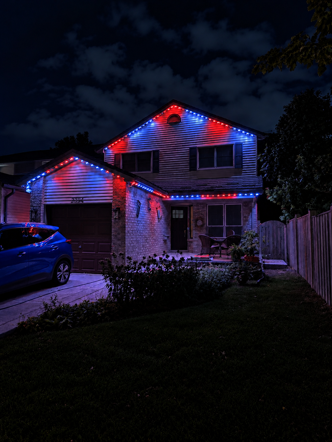 Imperial LED lighting — same house, red and blue lights